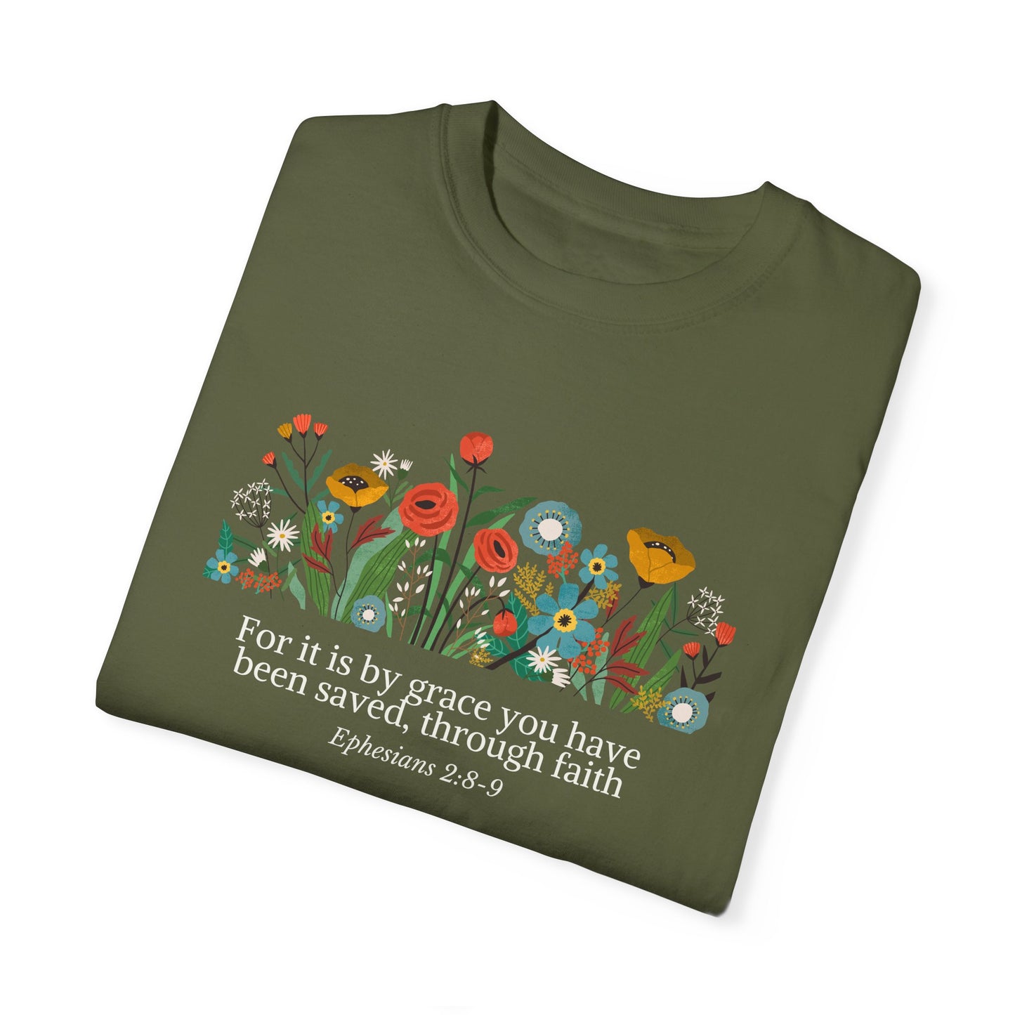 Grace Saviour, Bible Verse Comfort Colors Unisex Tshirt, Flower Illustration Bible Ephesians Quote, Christianity Faith Tshirt